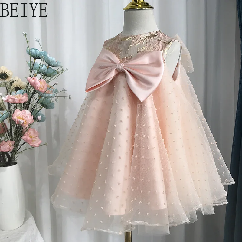 

Elegant Blush Polka Dot Tulle Kids Flower Dress Embroidered Lace Neck Satin Bow Dress Little Girls Party First Communion Gown