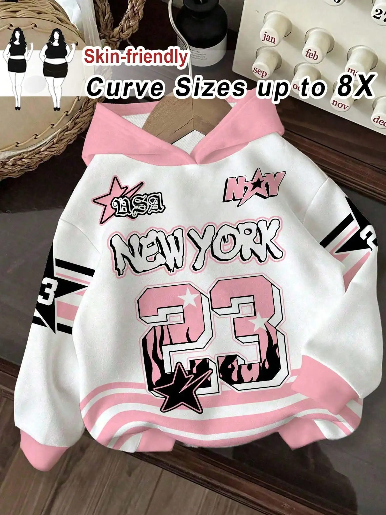 

Худи свободного кроя больших размеров с графическим принтом в виде звезд и цифр, с розовой отделкой, для повседневной носки осенью и зимой