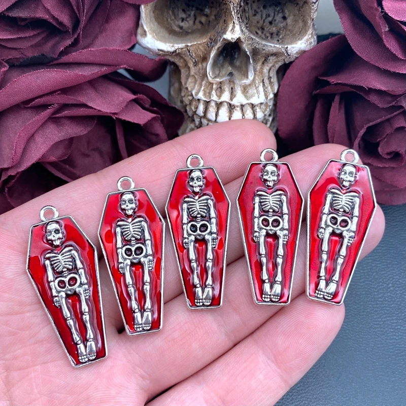 5pcs 41*18mm Gothic Skeleton Charm in Coffin,Blood Red Skeleton Charms Pendant Fit Halloween Jewelry Making DIY Jewelry Findings