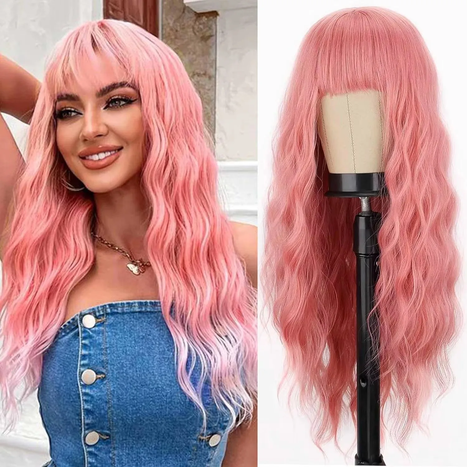 28 inch Pink Wavy Wigs for Women Long Natural Synthetic Hair Wig Daily Cosplay Heat Resistant High Temperature Silk Headgear