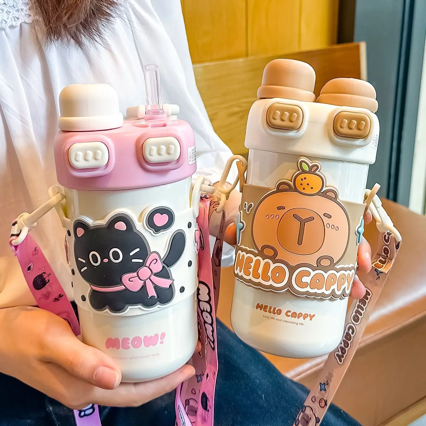 Capybara Double Drink Stainless Steel Tumblers Coffee Mug Kids Thermos Mug Portable Outdoor Flask Water Bottle With Straw view 4