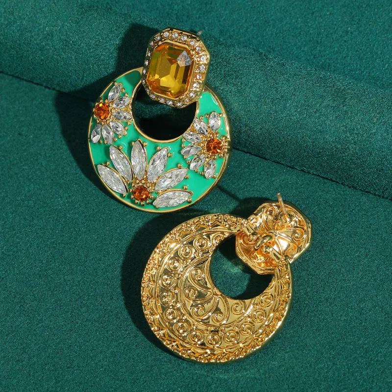 

Round Earrings Vintage Yellow Crystal Jewelry Green Enamel Luxury Large Drop Daisy Designer For Woman 2026 Birthday Gifts New