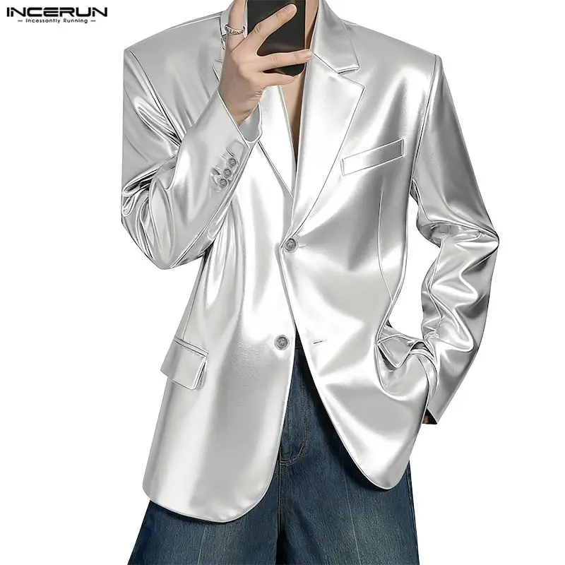 INCERUN Mannen Blazer Effen Kleur Glanzende Revers Lange Mouw Knop Mannelijke Pak Streetwear Party Nachtclub Fashion Casual Dunne Jassen Mannen