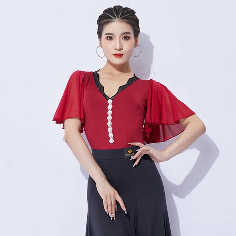 Ballroom Dance Costume Women Flare Sleeve Social Tango Performance Stage Wear Waltz Dance Clothing Latin Dance Tops DL10864