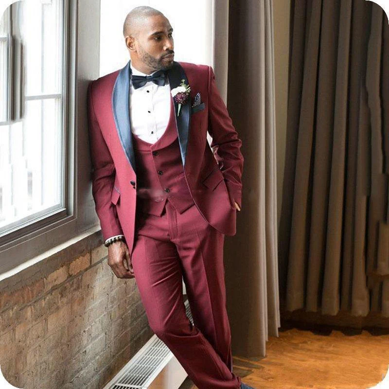 

One Button Burgundy Wedding Groom Tuxedos Shawl Lapel Groomsmen Men Formal Prom Suits (Jacket+Pants+Vest)