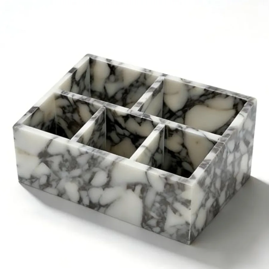 

Desk Organizer with 2 Main Compartments and 5 Total Sections, Stepped White and Purple Marble Pen Holder for Office Supplies, M