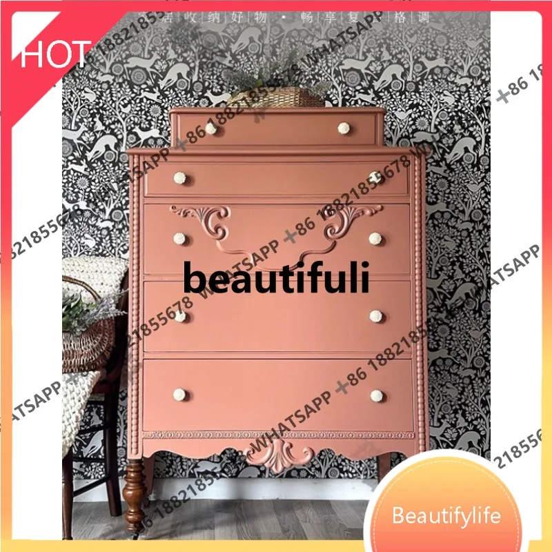 

D07 Medieval solid wood chest bedroom carved locker French country living room high chest