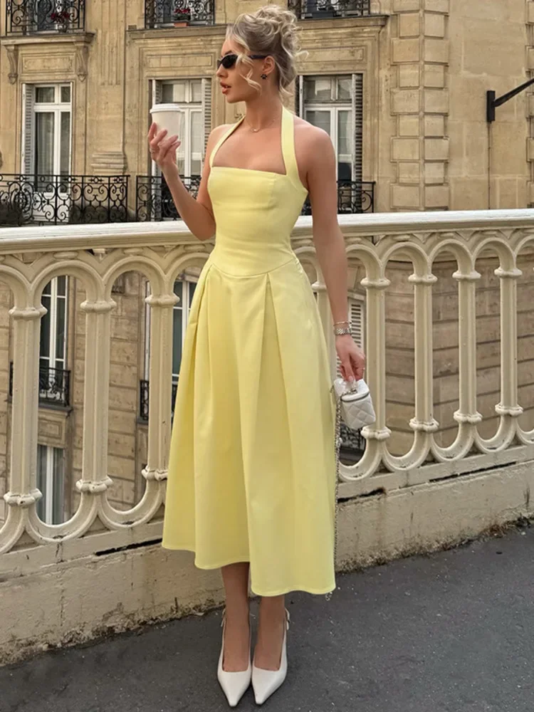 

Halter Backless Sexy Midi Dress Women Fashion Solid Sleeveless High Waist A-line Club Party Pleated Long Dresses Female