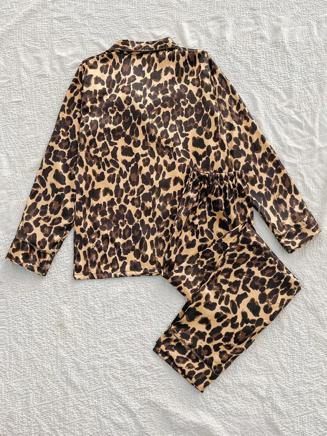 Women\'s Pajamas Set 2 Piece Leopard Print Pyjama Faux Silk Satin Sleepwear Spring Summer Long Sleeve Pijama Mujer Pjs Homewear