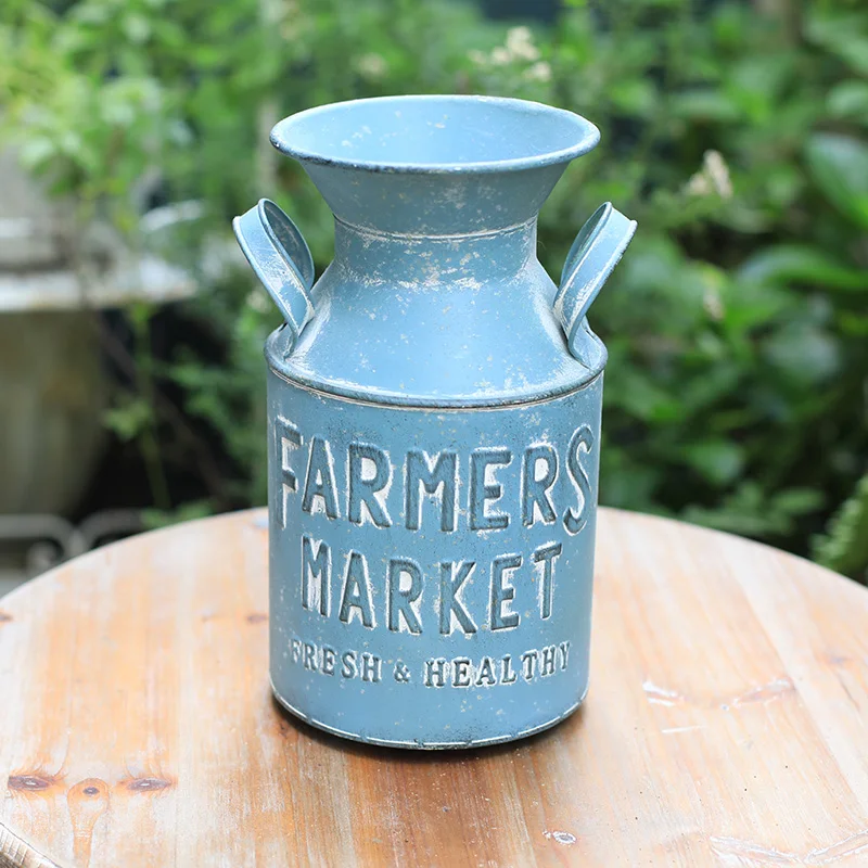 

Handcrafted Vintage Retro Blue Metal Milk Can Flower Vase for Table
