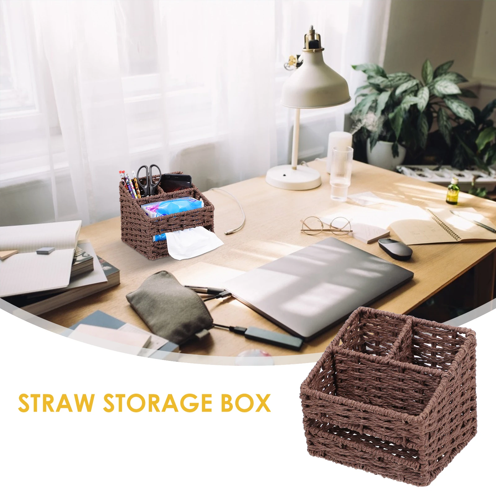 

1pc Premium Grass Woven Tissue Storage Box Multi-Functional Desktop Organizer For Living Room Glasses Cosmetics Jewelry