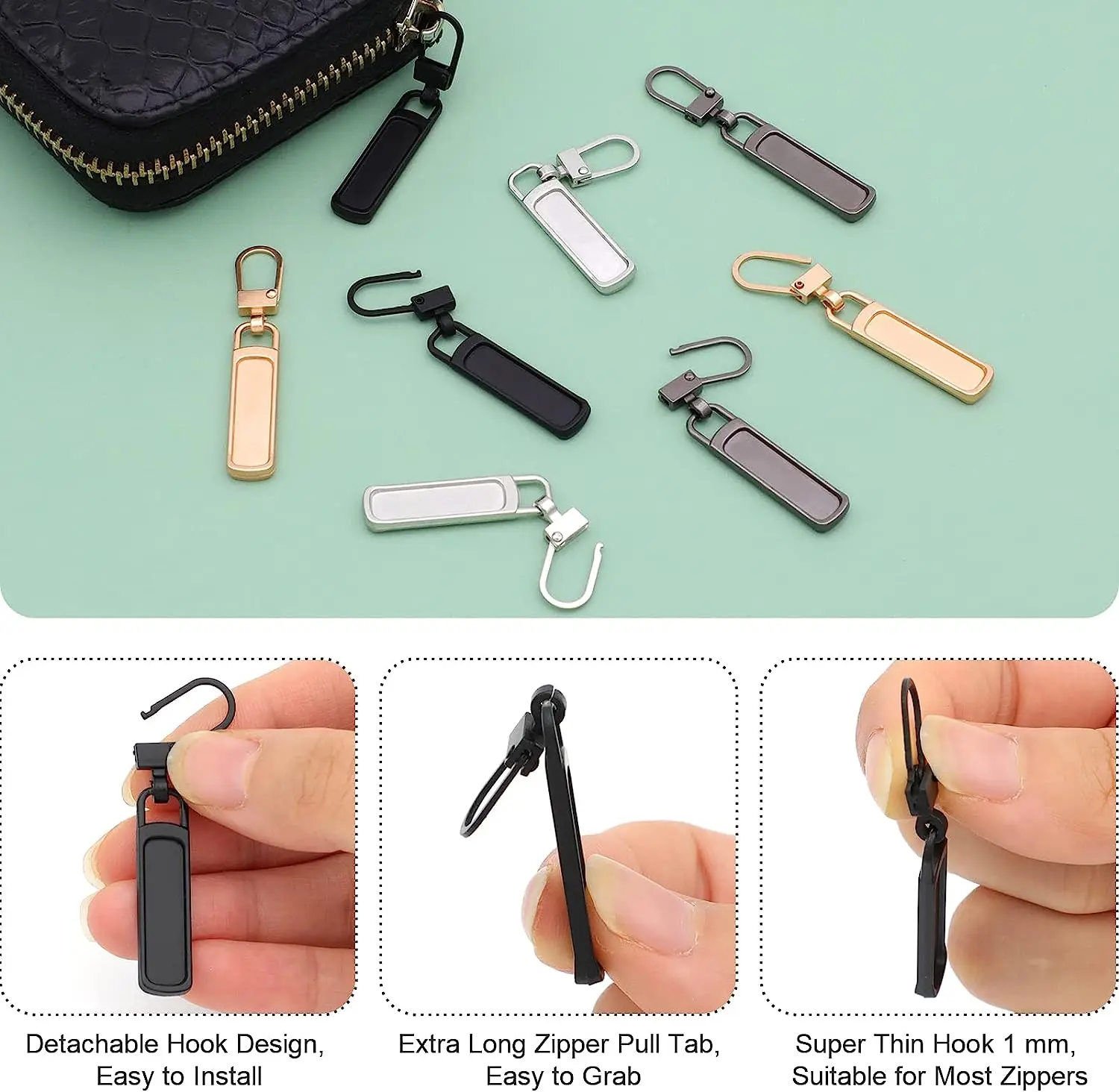 10/5Pcs Detachable Metal Zipper Puller Replacement Tab,Zipper Slider Head Repair Kit for Clothing Jacket,DIY Sewing Accessories