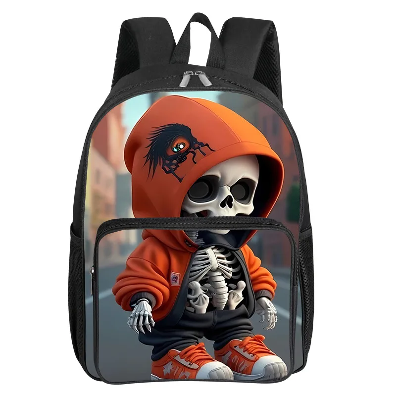 Skeleton Character Pattern Square Front Pocket Backpack for Boy and Girls Best Gifts 2D Flat Cartoon SchoolBags for Children