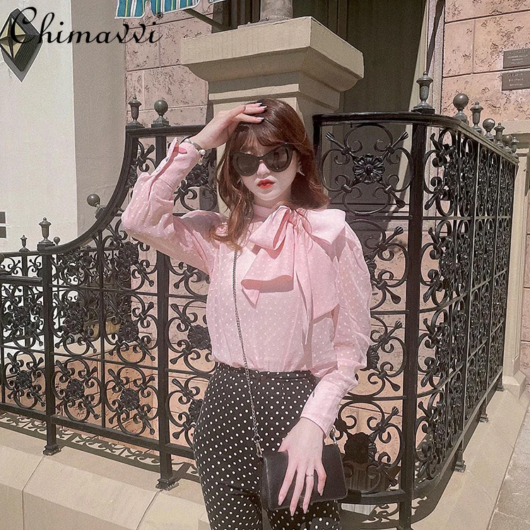 Japanese Sweet Lace-up Big Bow Bubble Sleeve Long-sleeved Women's Shirt Spring Autumn New Fashion Fairy Loose Elegant Blouse Top