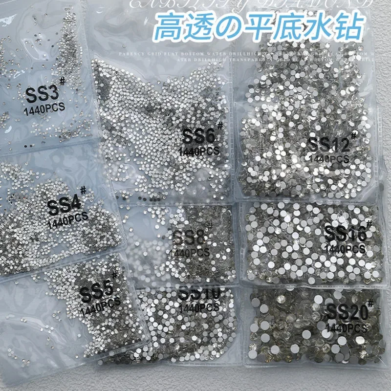 1440 pièces/sac AB/clair rond Mini diamant à ongles SS3-SS16(1.3-4mm) FlatBack Non correcteur cristal d'ongle cristal clair AB verre de manucure