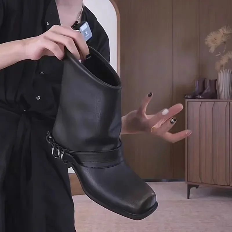 Kobiety Designerskie Buty za kostkę Sexy Fashion Square Toe Heels Shoes 2024 Autumn Chelsea Boots Luxury Leather Goth Snow Botas Mujer