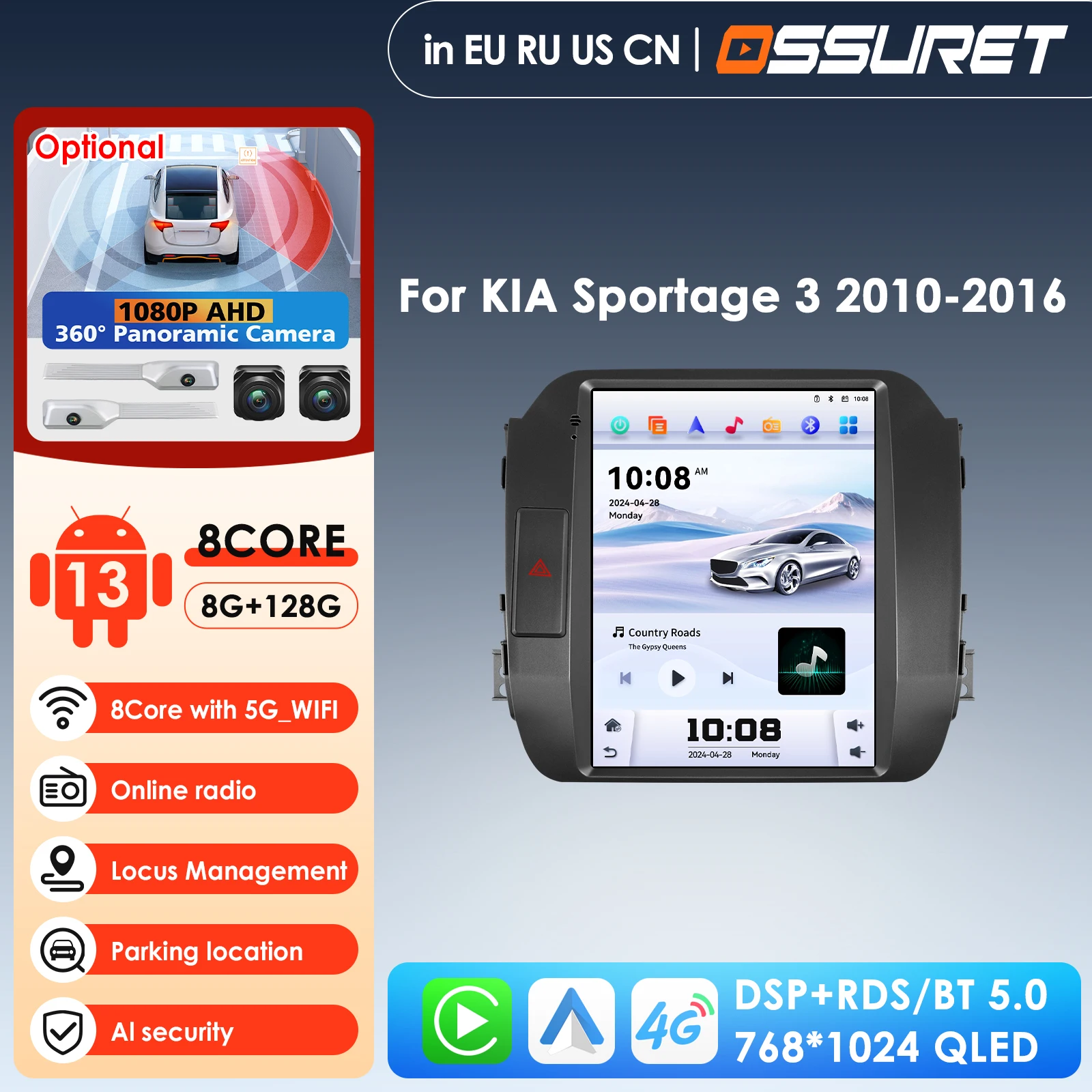 Carplay 4G+WiFi 6115 DSP 2Din Android 14 Car Radio Multimedia Video Player Navigation GPS for KIA Sportage 3 2010-2016 Head Unit