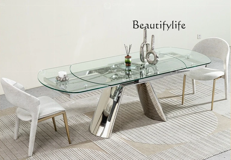 

Rotary telescopic dining table glass household light luxury high-end sense rectangular dining table stainless steel high-end