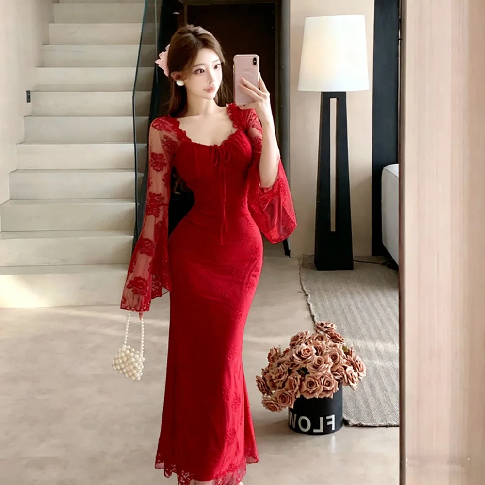 Ele White Lace Bell Sve Dr Ladylike Autumn Winter High Faion Sensation Super Fairy T Long Dr للنساء #4