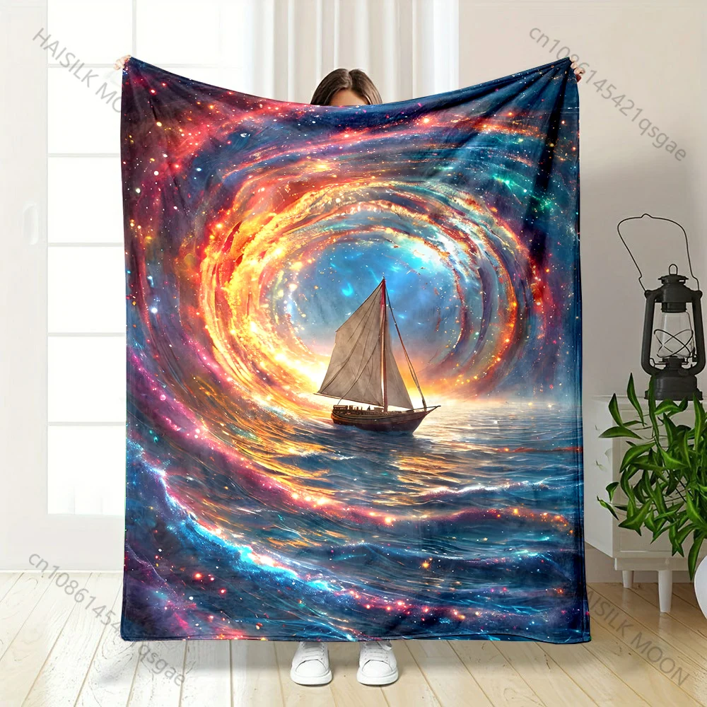1PC Boat in cosmic vortex printed blanket all seasons multi-purpose blanket suitable for sofa, camping, travel, car