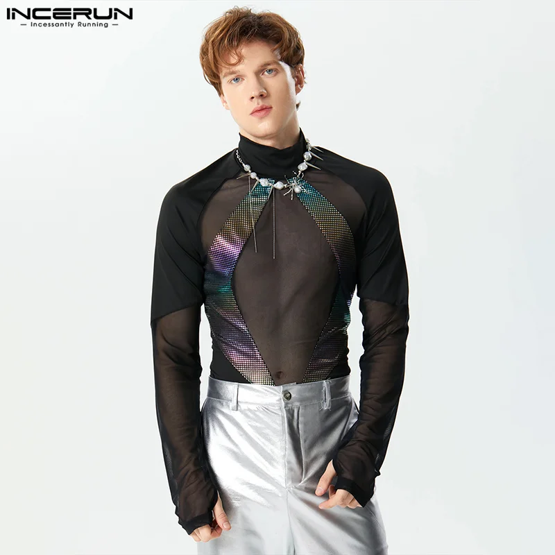 Incerun-Bodysuit de gola alta brilhante masculino, patchwork de malha, manga comprida, macacão masculino magro, moda transparente, S-3XL, 2024