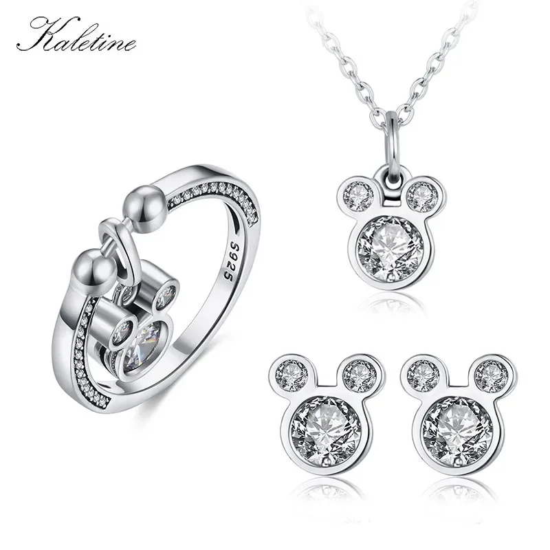 Kaletine Cute Mickey 925 Sterling Silver Jewelry Sets Earrings /Neckalce/Rings For Women Mouse Pendant Charm CZ Kids Jewelry