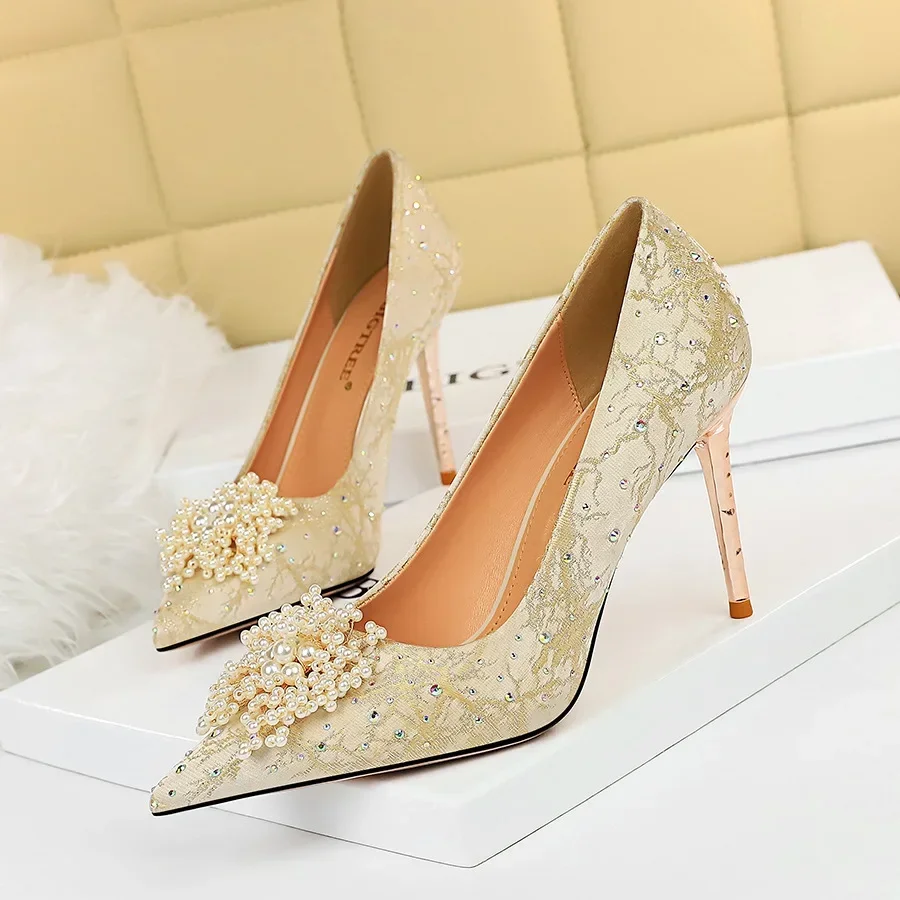 Zapatos de tacón alto para mujer, zapatos de tacón elegantes para boda, novia, diamantes de imitación de perlas, tacón alto grueso, punta estrecha, zapatos de fiesta sexys, talla 34-43