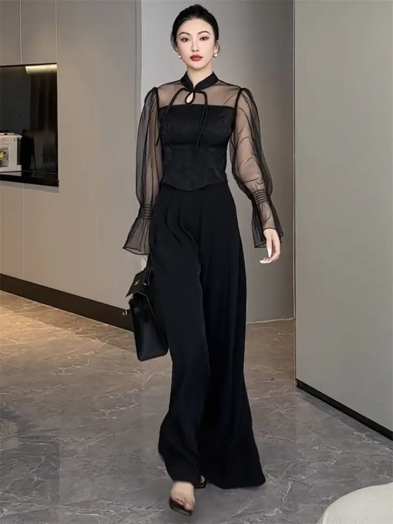 Korean See Through Mesh Patchwork Lace Up Stand Up Collar Hollowed Out Long Sleeved Shirt Women Summer Fashionable and Elegant
