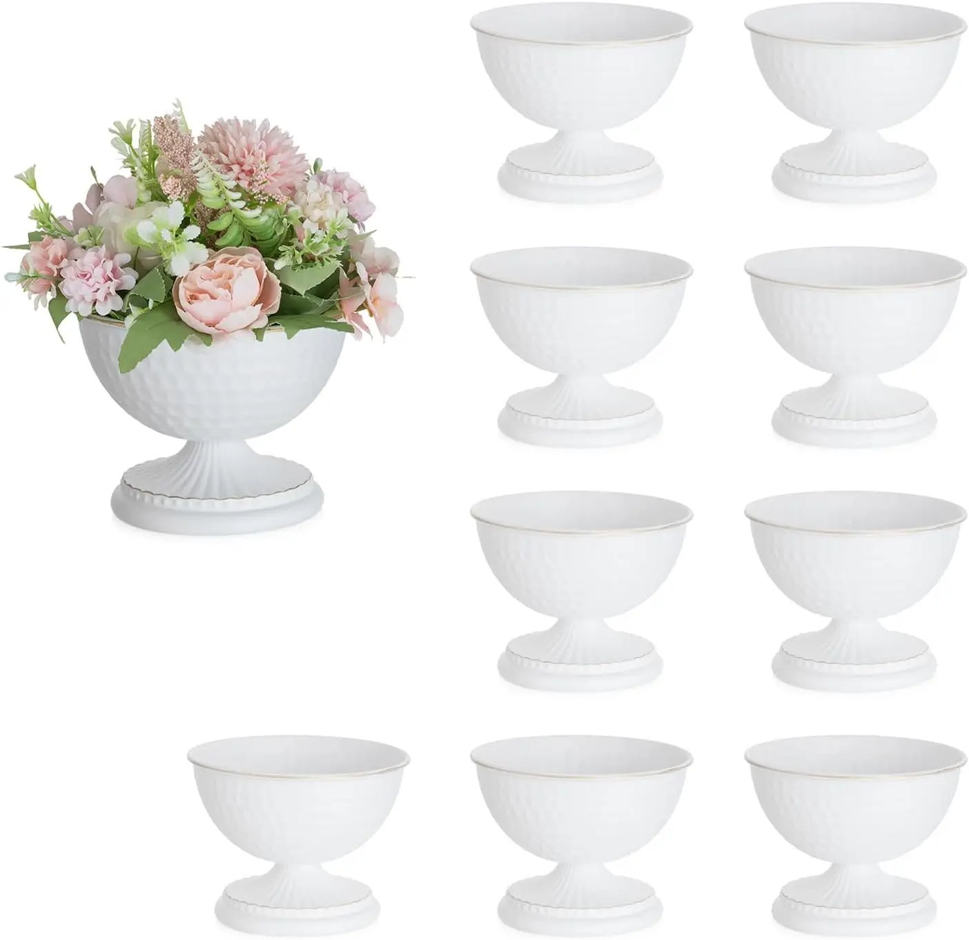 

Set of 10 Vintage Metal Vases for Flowers, Wedding Table Decor, Party Centerpieces - White Urn Style