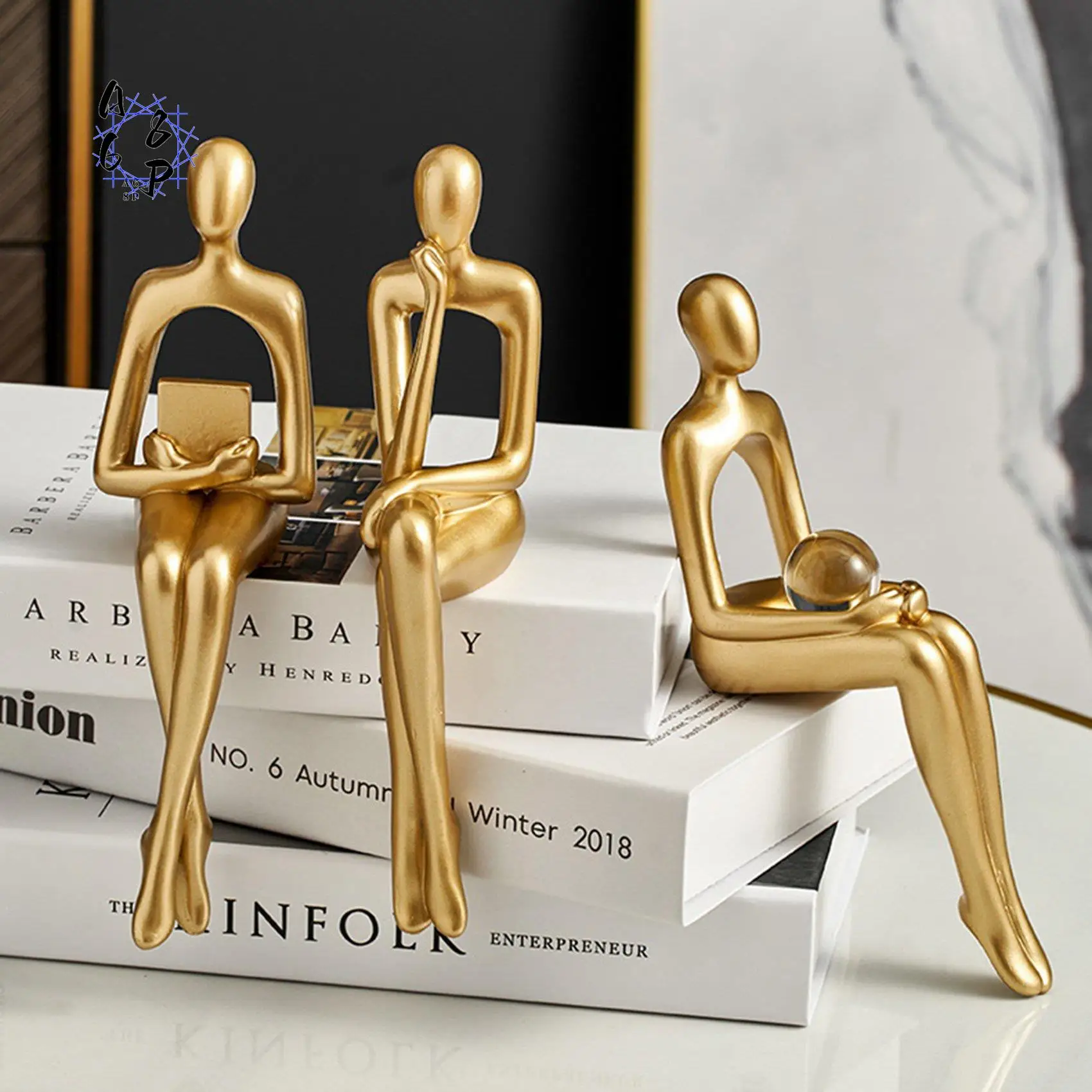 A68P-Thinker Statue Abstract Figure Sculpture Small Ornaments Resin Statue Home Gold Abstract Statue Office Decor