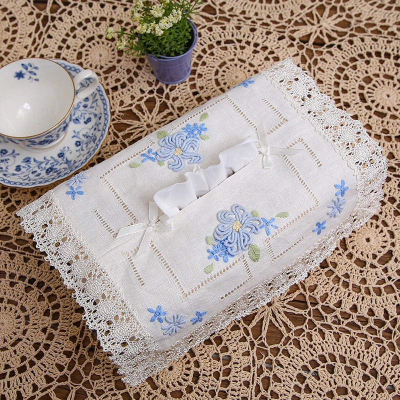 Fabric Tissue Box Cover, Pure Linen, Embroidered and Hemistitched by Hand, Flower, Floral, Beautiful Lace