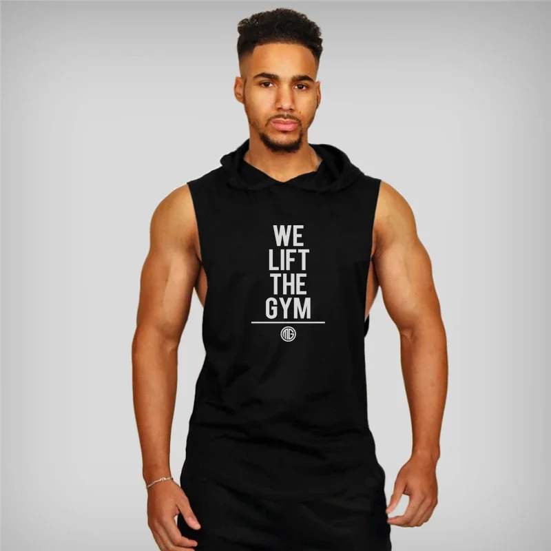 Men's Cotton Sleeveless Hooded Running Vests Curved Hem Gym Tank Top Workout Muscle Hoodie Shirt for Bodybuilding Sport Fitness