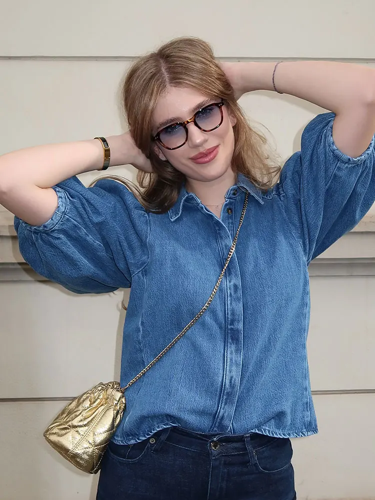 

Женская модная уличная одежда Y2K, женские шикарные топы HH, женская элегантная синяя джинсовая блузка, однобортная рубашка с пышными рукавами и лацканами
