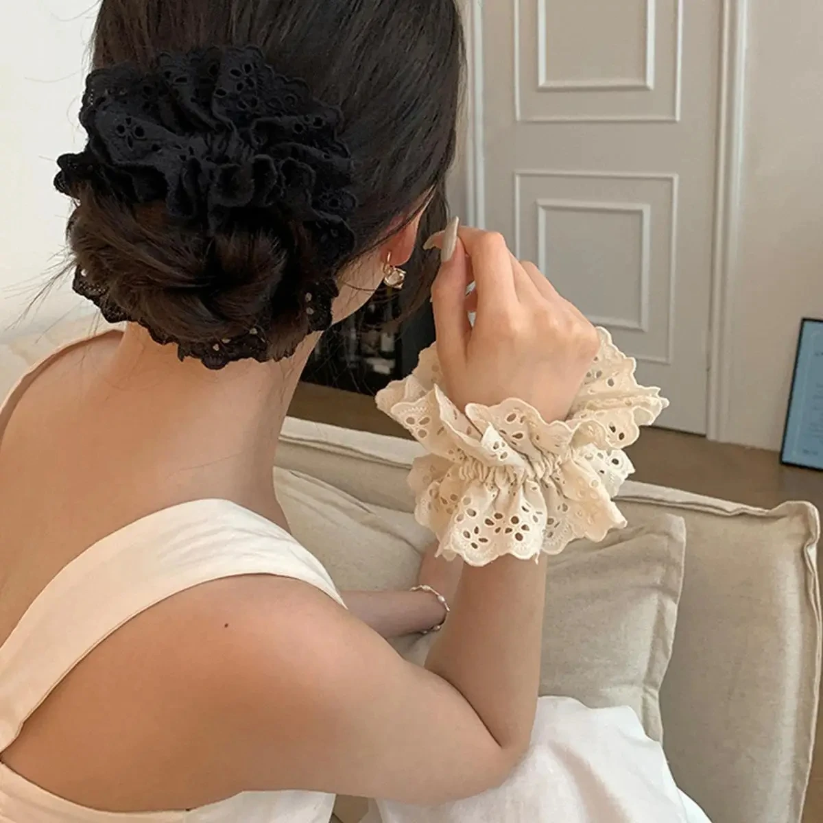 Women Lace Scrunchies Elastic Hair Bands Ponytail Holder Solid Hair Hoop Rubber Bands Hair Ring