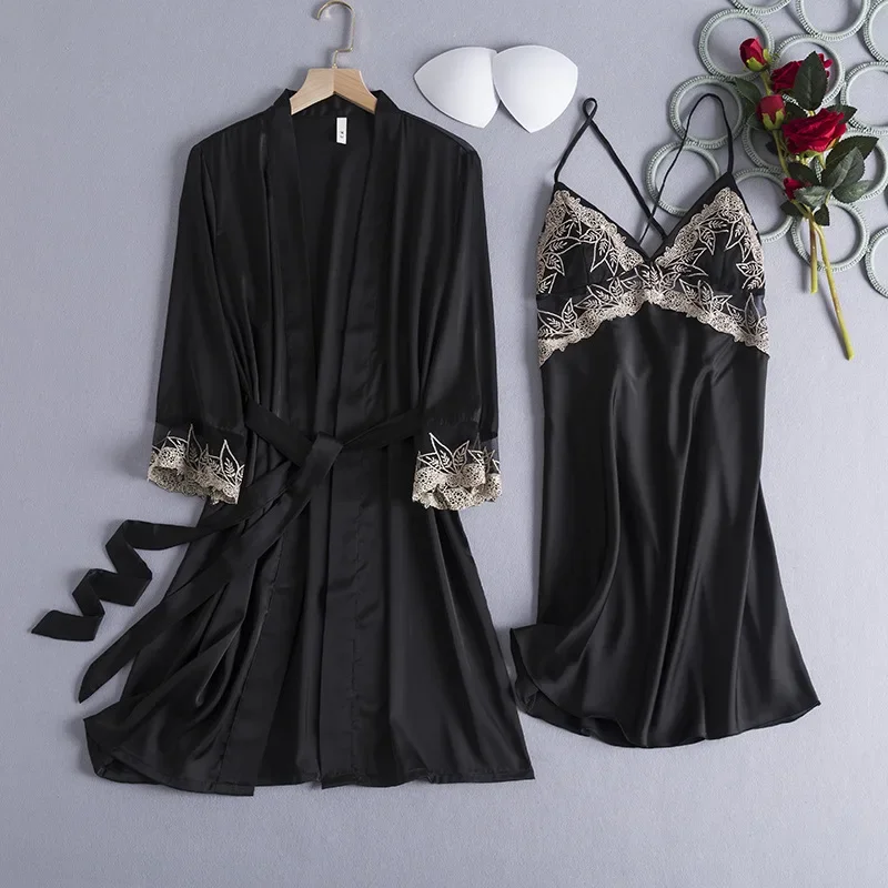 MECHCITIZ Women sexy lace silk robe & gown set sleep dress+bathrobe two piece 4 color satin robe bridesmaid wedding sleepwear