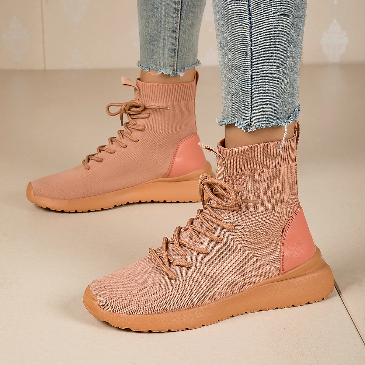 

Lace-free Without Laces Beige Man Boots Women Vulcanize Comfortable Shoes Couple Breathable Sneakers Sport Women Socks Boots
