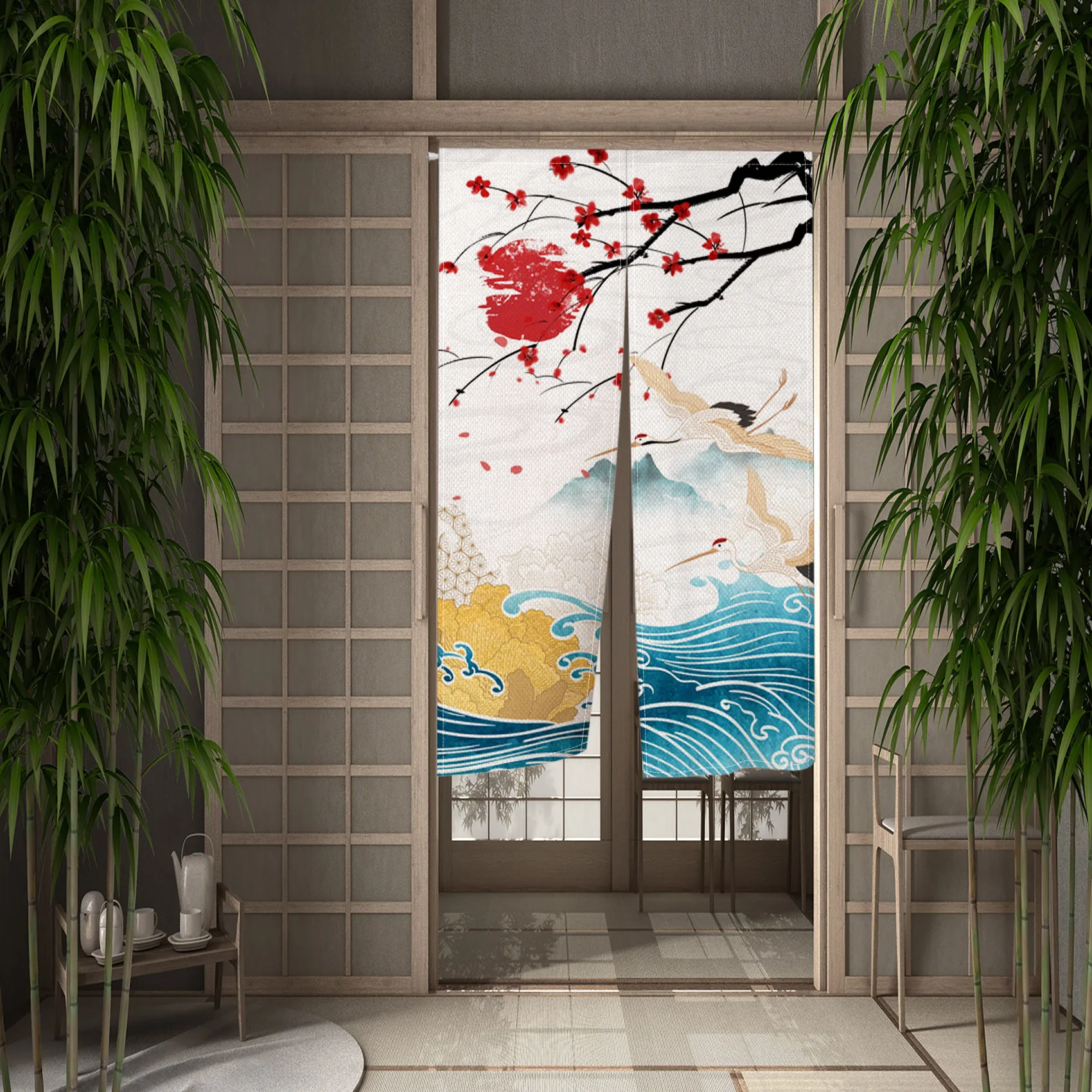 Japanese Door Curtain Chinese Traditional Fairy Crane Pattern Bedroom Kitchen Doorway Half-Split Privacy Partition Opaque Fabric