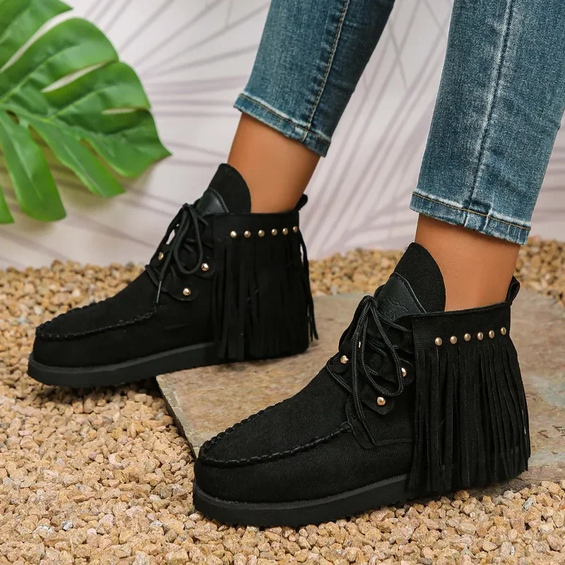 Women's Flat Cotton Boots Winter New Round Head Suede Tassel Rivet Lacing Soft Sole Anti-slip Wear-resistant Ankle Boots