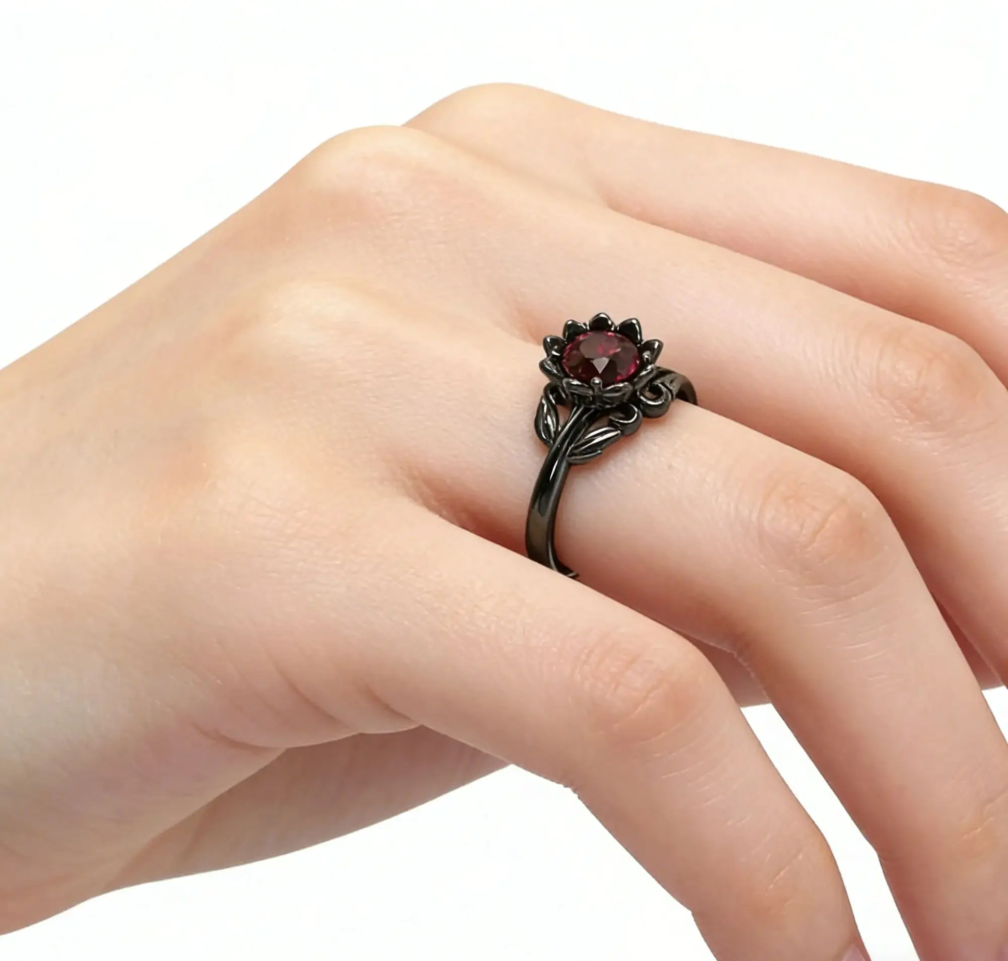 

Black Flower round Ring for Women with Red Stone Charm Stylish Accessory Jewelry Gift for Ladies Party