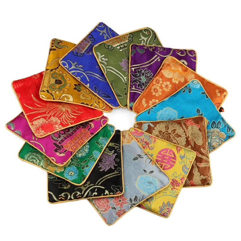 Tassel Mini Embroidery Canvas Coin Purse Copper Cash Pendant Square Flower Jewelry Packing Bag Card Holder Large Capacity