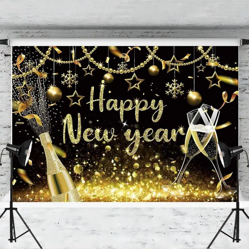 Happy New Years Eve Backdrop Banner Black and Gold Photography Glitter Bokeh Sequin Background Party Decoration Photo Booth Prop