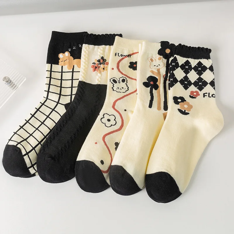 

Длинные носки Lingge с цветочным принтом для женщин, милые японские носки JK, хлопковые спортивные носки средней длины для женщин