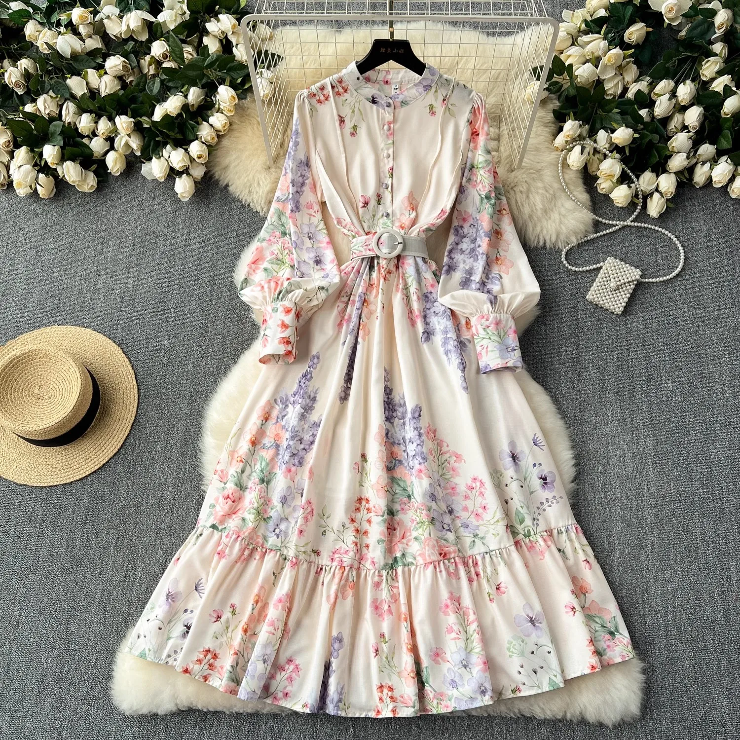 

Autumn Holiday Flower Maxi Dress Women Clothing Stand Collar Lantern Sleeve Belt Bohemian Floral Print Linen Robe Vestidos 8516