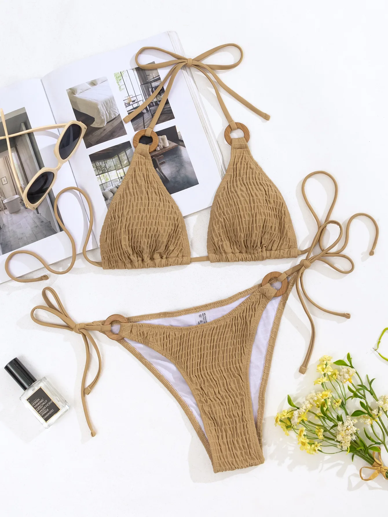 Sexy froissé licou couleur chameau anneau bikinis ensembles deux pièces cravate string maillots de bain maillots de bain maillots de bain bakini