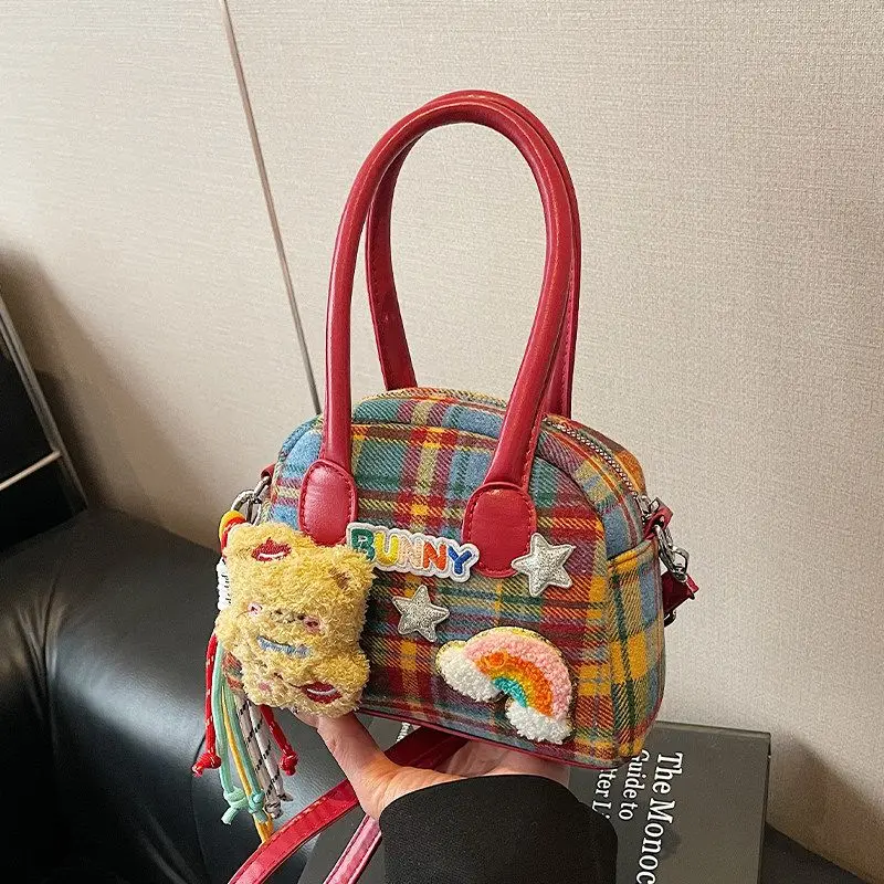 Red Dog Bear Rainbow Colorful Tartan Plaid Tweed Dome Handbag Women Y2K Rainbow Check Crossbody Bag Cute Mini Top Shoulder Purse