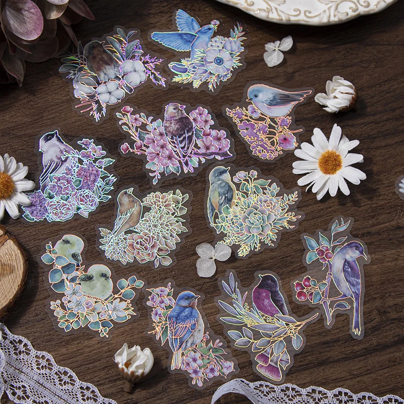 20Pcs Laser Silver Stickers Birds fly Flowers Bronzing Material Supplies Handbook Waterproof Packing Scrapbook 128*75MM