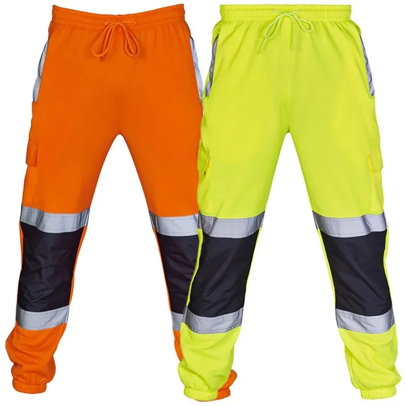 Men's Work Clothes, Safety Sports Pants, Striped Reflective Loose Fitting Men's Oversized Fashionable Patchwork Clothes