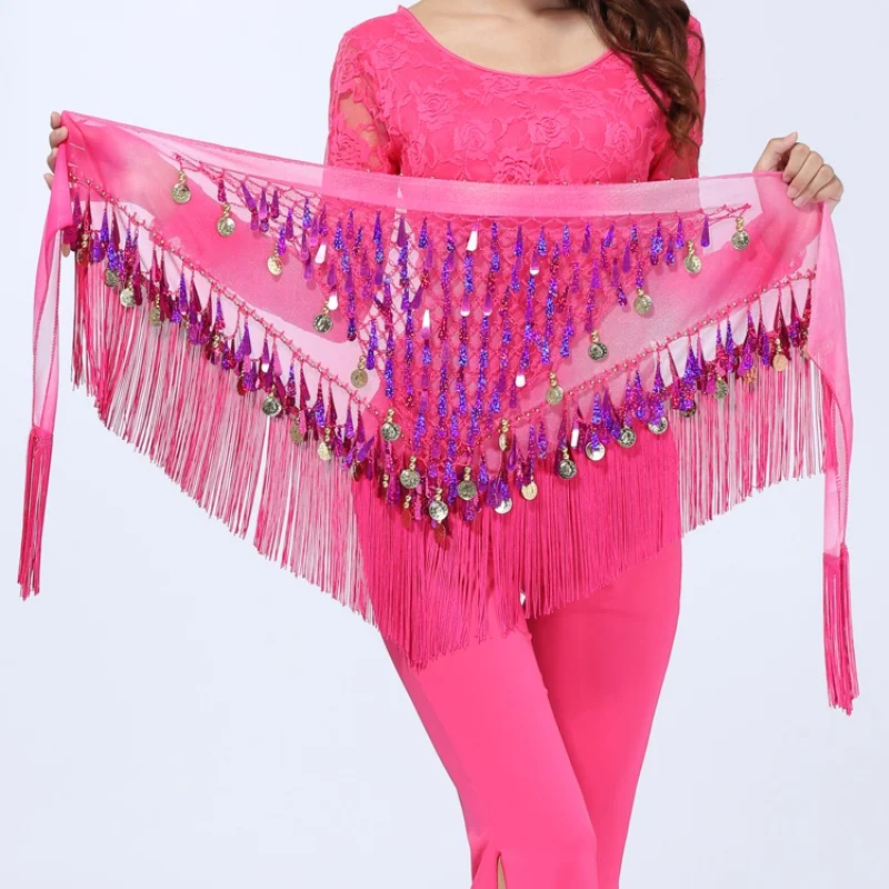 Women\'s Belly Dance Tassels Triangle Hip Scarf With Coin Sequins Colorful Waist Belt Triangle Skirt