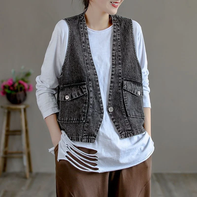 

Vintage Casual short jean Waistcoat Women Sleeveless Jacket 2024 Summer New thin Loose Fashion One Button Denim Vest Female T055