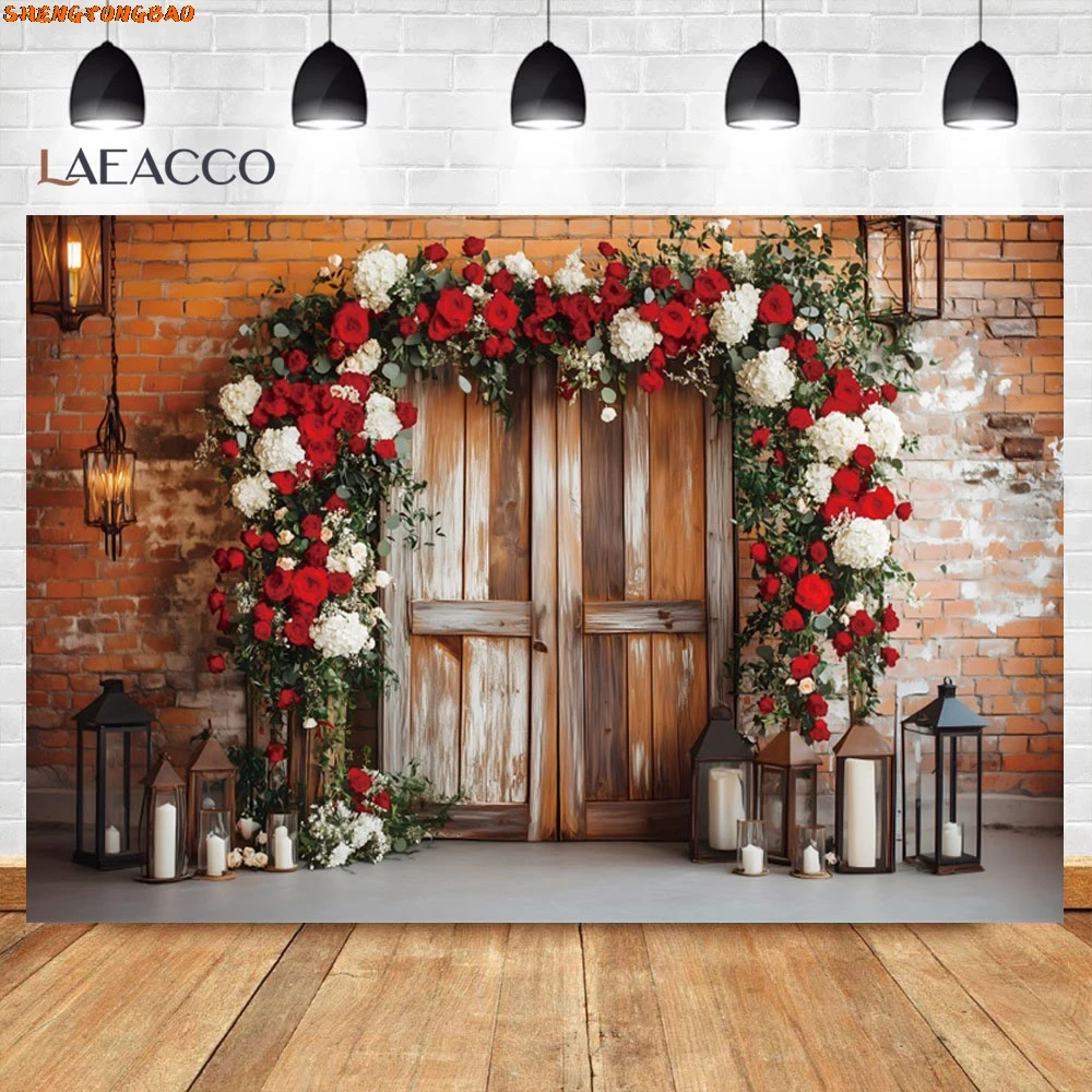 Valentine's Day Photography Backdrops Red Rose Candle Brick Wall Arch Door Wedding Bridal Shower Background Photo Booth Studio